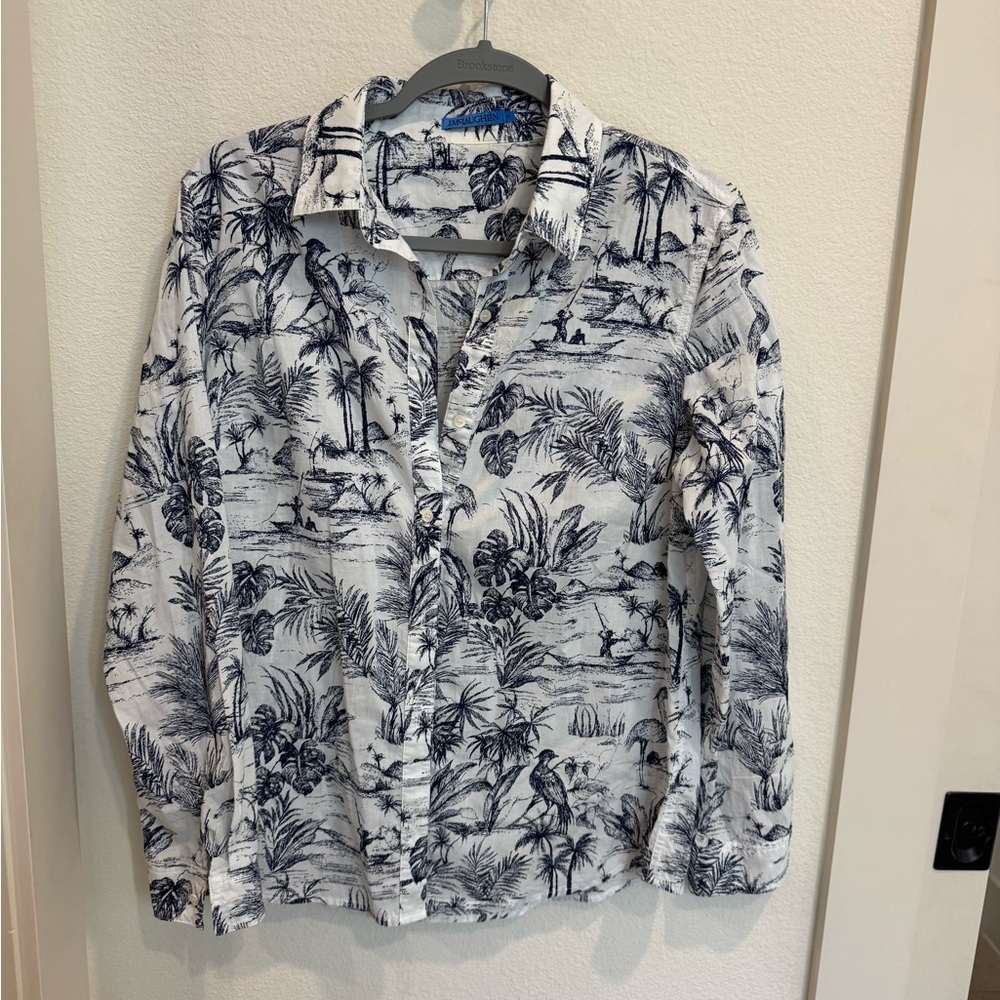 J. McLaughlin Blue and Cream Tropical Print Shirt